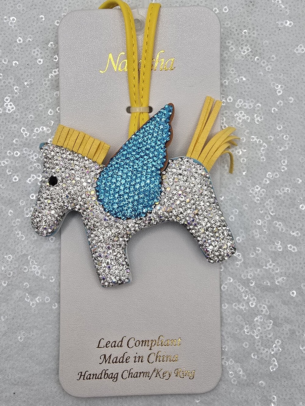 Natasha Pegasus Horse with Iridescent and Blue Rhinestone Bag Charm.